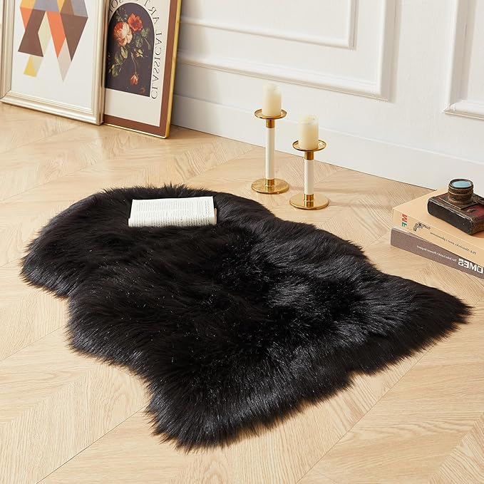 AMTOVO Faux Fur Rug, Black Small Area Rug, Fluffy Sheepskin Rug, Fuzzy Ultra Soft 2 x 3 ft Shag Rugs for Bedroom Sofa Throw Cushion Room Decor, Sheepskin