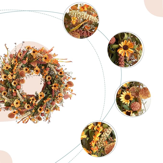 Bibelot Fall Front Door Wreath, 22" Artificial Floral with Colorful Daisies and Autumn Foliage - Orange for Wall, Window and Thanksgiving Decor