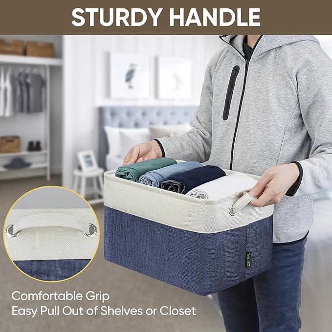 BALEINE 1 Pack Fabric Storage Bins for Shelves, Linen Storage Baskets for Organizing, Decorative Closet Bins for Clothes, Home (Navy Blue, 15''x11''x9.5'')