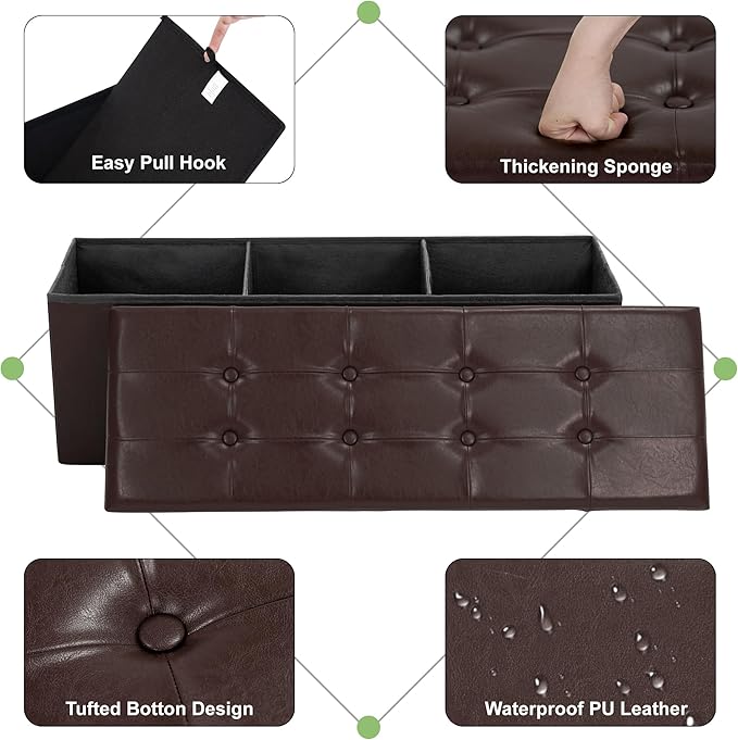 43 Inches Folding Storage Ottoman Bench, PU Leather Storage Chest, Footrest Padded Seat for Bedroom and Hallway, Holds up to 660 lbs, Brown