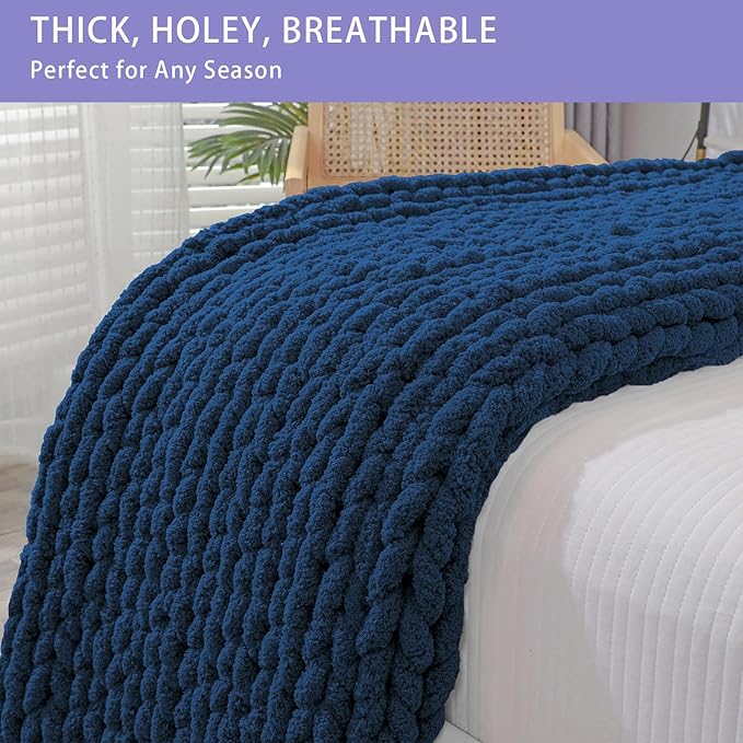Bigacogo Chunky Knit Throw Blanket for Couch, 80x90 inches, 100% Hand Knitted with Thick Jumbo Chenille Yarn, Cozy Soft Large Rope Knot Cable Crochet Blankets for Sofa Bed Living Room, Navy Blue