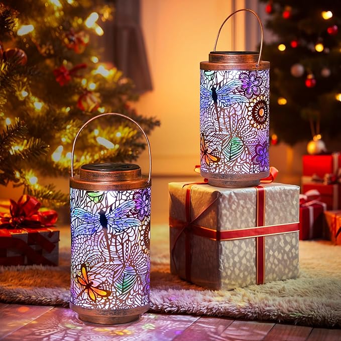 2Pack Solar Outdoor Lanterns Waterproof Multicolor Dragonfly Garden Gifts for Mom Women Backyard Lights Lanterns for Indoor,Outdoor, Porch, Outside,Mothers Day Gifts for Grandma Wife
