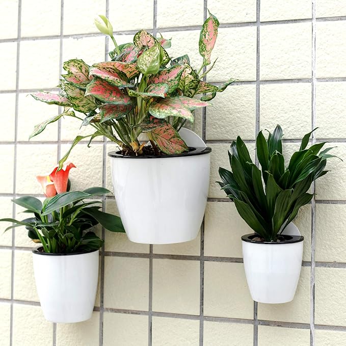6 Pack White Hanging Planter Pots Self Watering Vertical Garden Wall Mount Window Hang Round Plastic Container Indoor Outdoor for Plants Flowers Succulent Kitchen Living Herbs Holder Decor(Large)