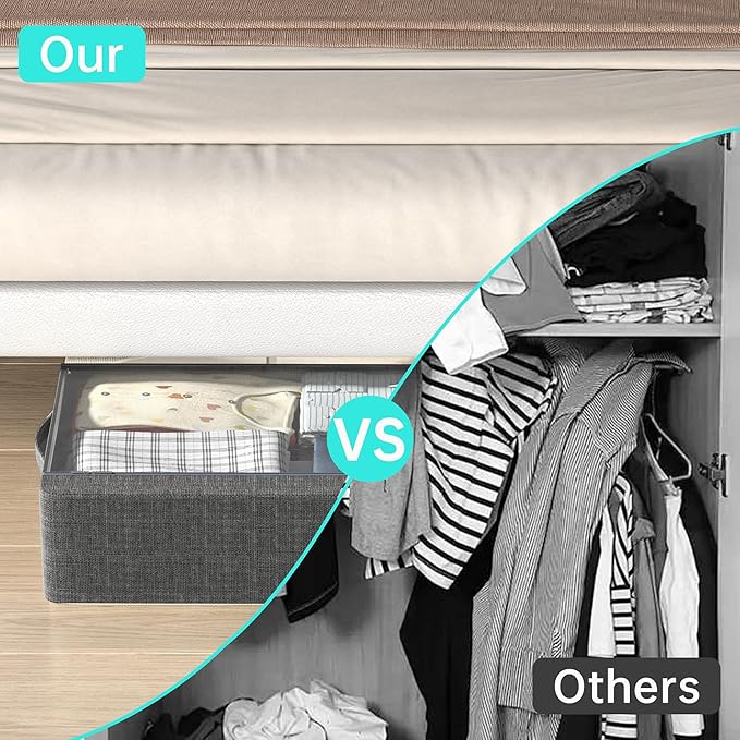 3PCS Under Bed Storage Bins with Metal Frame, Linen Fabric Frame Storage Box Clothes Organizer Bins, Underbed Container with Clear Window (Dark Grey, 23.6 x 13 x 6IN)