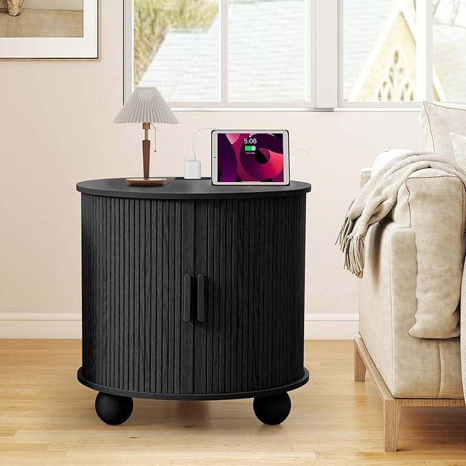 AVZEAR 24" Large Round End Table with Charging Station, Farmhouse Fluted Sofa Side Table with Sliding Tambour Door & Storage, Mid-Century Wood Nightstand for Living Room, Bedroom, Black