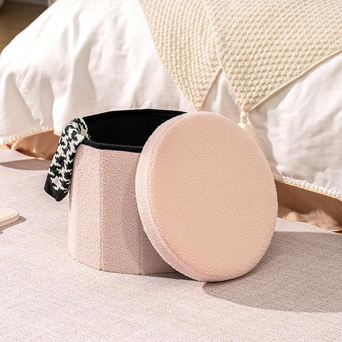 B FSOBEIIALEO Storage Ottoman Cube, Round Ottomans with Storage Foot Stool Footrest for Lving Room, Boucle Ottoman Seat for Dorm Room,Faux Teddy Fur, Pink 15"x15"x15"
