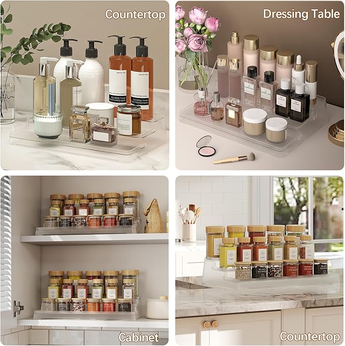 MUDEELA 2 Pack 3 Tier Spice Rack Organizer for Cabinet 11.6-Inch Spice Organization for Pantry, Non-Skid Spice Shelf with Protection Railing, Versatile Seasoning Organizer for Kitchen Counter