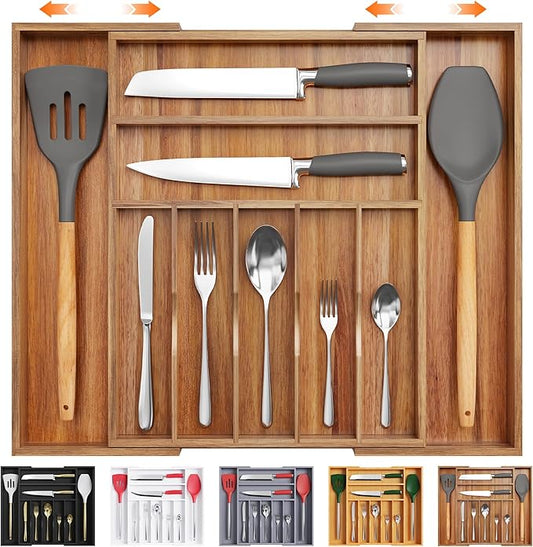 Bellsal Large Premium Acacia Wood Silverware Organizer - Expandable Utensil Drawer Organizer - 17"x19.6" Utensil Holder and Cutlery Tray with Grooved for Kitchen Flatware Utensils(7-9 Slot, Acacia)