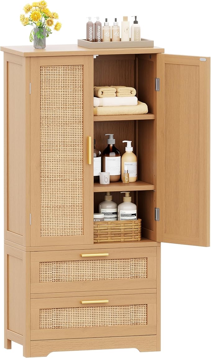 50.4" H Bathroom Storage Cabinet, Modern Floor Cabinet with Adjustable Shelf, Small Pantry with 2 Doors & Drawers, Storage Cabinet for Bathroom, Living Room, Kitchen, Natural KES007MCWG
