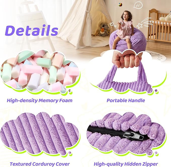 Bean Bag Chairs Teardrop Bean Bag Chair Beanbag Chair with Memory Foam Filled Machine Washable Cover for Living Room, Bedroom (Small,Purple)