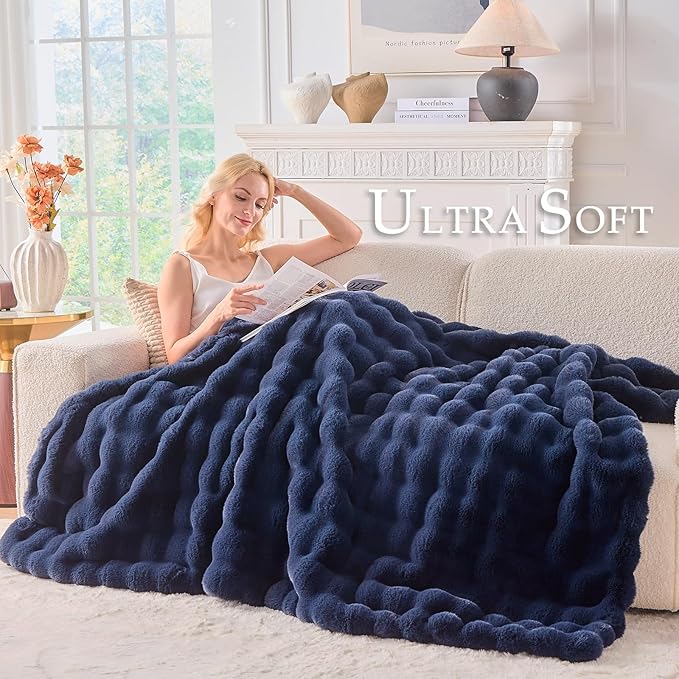 BENVWE Fluffy Faux Fur Throw Blanket for Couch, Soft Plush Thick Cozy Fuzzy Luxury Minky Bubble Blanket for Home Living Room Decor Gift for Women, Navy Blue, 51" x 63", 1100GSM