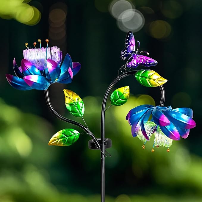 50'' Solar Powered Kinetic Wind Spinner Sculpture Blue Lotus Metal Stake Spinner for Patio, Lawn and Garden Decor Weather Resistant Outdoor Art with Dual Lotus with Butterfly Design