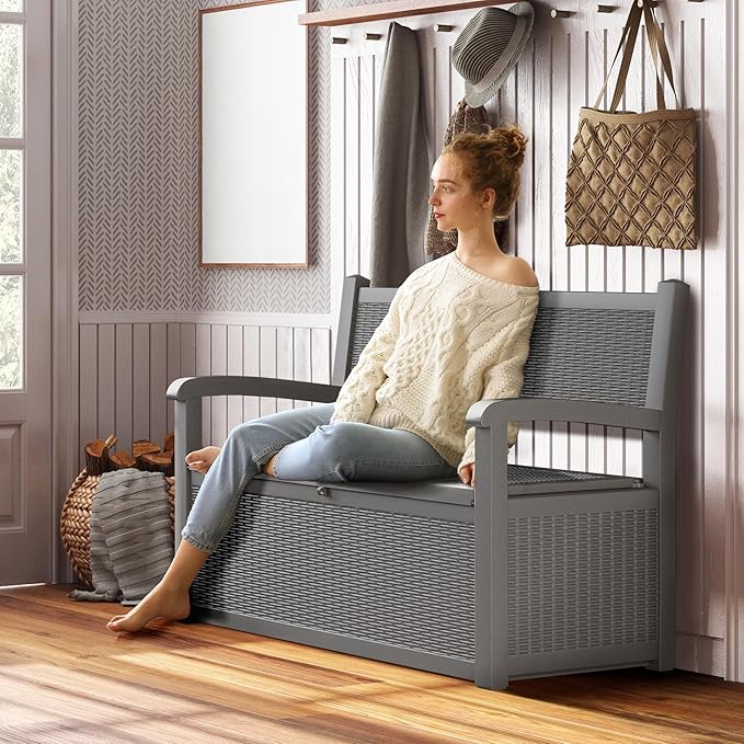 70 Gallon Deck Bench with Storage,Outdoor Storage Box Bench Waterproof&Lockable, Resin Patio Furniture with Armrest for Patio, Porch, Garden,Grey