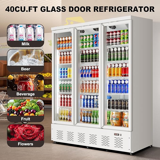 40.5 Cu.ft. Commercial Refrigerators 3 Glass Door Beverage Refrigerators Commercial Fridge Upright Cooler with Soft LED Light and 15 Adjustable Shelves for Restaurant Grocery Stores Home