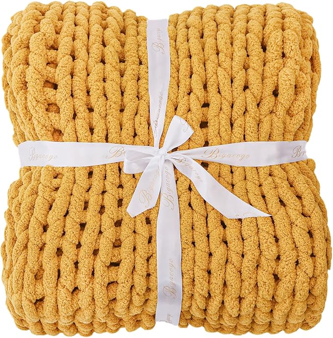 Bigacogo Chunky Knit Throw Blanket for Couch, 40x40 inches, 100% Hand Knitted with Thick Jumbo Chenille Yarn, Cozy Soft Large Rope Knot Cable Crochet Blankets for Sofa Bed Living Room, Mustard Yellow
