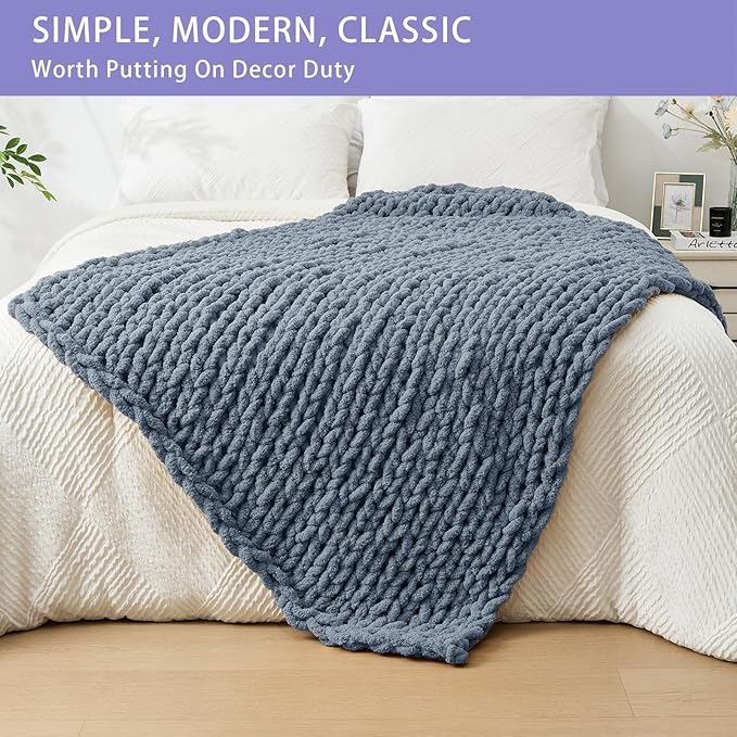 Bigacogo Chunky Knit Throw Blanket for Couch, 40x60 inches, 100% Hand Knitted with Thick Jumbo Chenille Yarn, Cozy Soft Large Rope Knot Cable Crochet Blankets for Sofa Bed Living Room, Cold Sea Blue