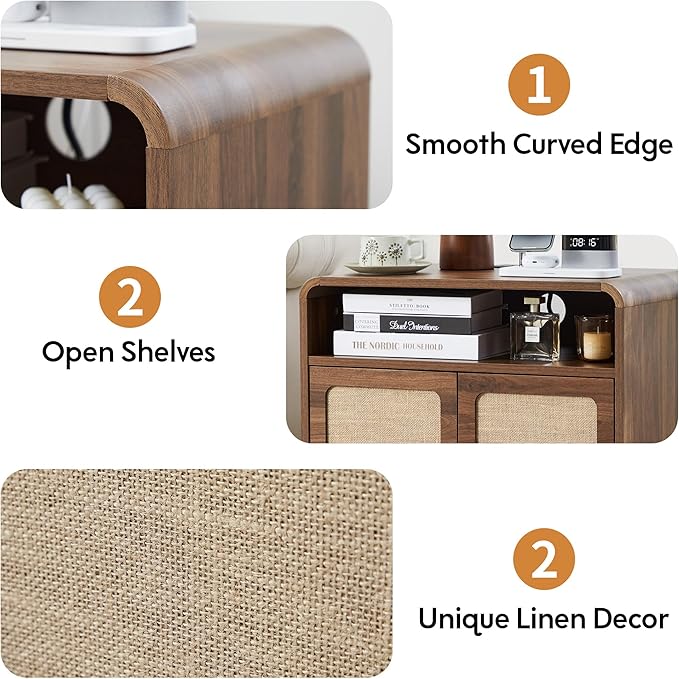 24" Large Side Table with Charging Station, Mid Century Modern End Table with USB/Type-C Ports, Curved Wood Nightstand with Storage & Natural Linen, Couch Side Table for Living Room Bedroom, Walnut