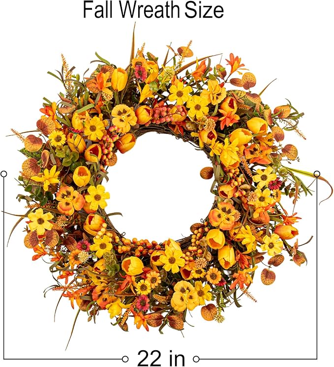 22 Inches Fall Wreaths for Front Door Rustic Autumn Wreath Farmhouse Fall Floral Wreaths with Tulips Orange Wildflowers for Wall Window Porch Indoor Outside