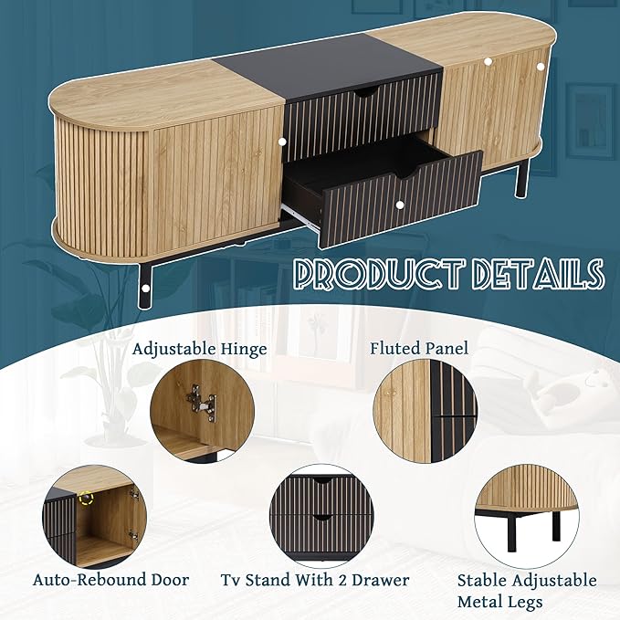 71" Tambour Door TV Stand,Wood Mid Century Modern TV Cabinet for Up to 85“ TV,Curved Edge Long TV Stand with Storage for Bedroom Living Room(Natural, 71inch)