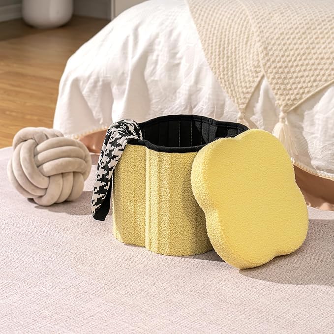 B FSOBEIIALEO Storage Ottoman Cube, Flowers Shaped Ottomans with Storage Foot Stool Footrest for Lving Room, Boucle Ottoman Seat for Dorm Room,Faux Teddy Fur, Yellow 12.6"x12.6"x12.6"