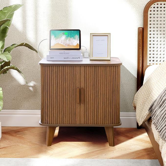 AVZEAR 24" Large Square End Table with Charging Station, Farmhouse Fluted Sofa Side Table with Sliding Tambour Door & Storage, Curved Rustic Wood Nightstand for Living Room, Bedroom, Walnut