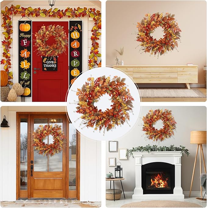 22 inch Artificial Fall Wreaths for Front Door,Autumn Wreath with Large red Berries and Fall Leaves Suitable for Indoor Outdoor Wall Porch Harvest Festival Thanksgiving Day Farmhouse Holiday Decor.