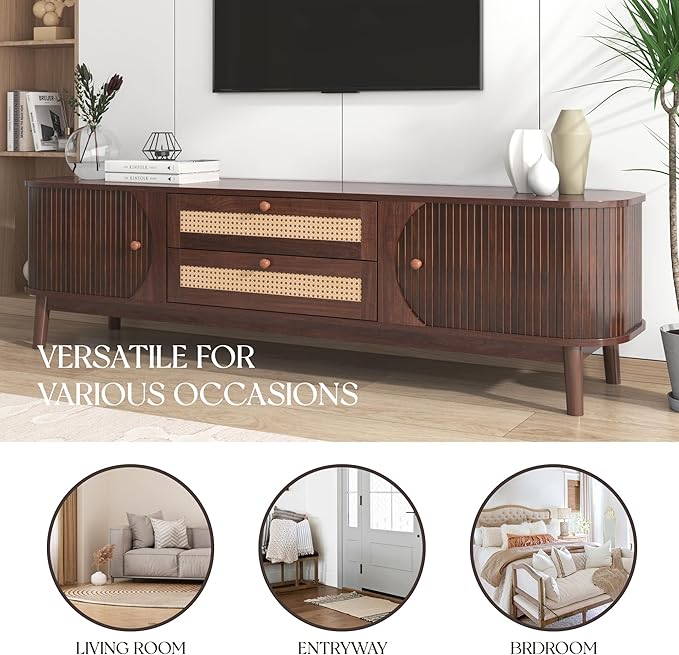 Merax Modern Fluted TV Stand for 75" TVs, Mid-Century Entertainment Center Tambour Door Media Console TV Cabinet with Rattan-Front Drawer for Living Room, Curved Profile Design