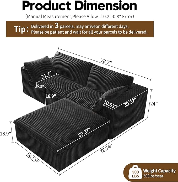 78.74" L Shaped Modern Sofa Modular Sectional Cloud Couch with Ottoman,Upholstered Couches with Plush Corduroy Fabric for Living Room Furniture,Bedroom and Apartment,No Assembly Required,Black