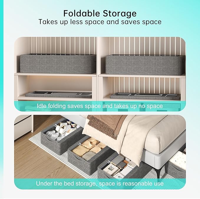 3PCS Under Bed Storage Bins with Metal Frame, Linen Fabric Frame Storage Box Clothes Organizer Bins, Underbed Container with Clear Window (Dark Grey, 23.6 x 13 x 6IN)