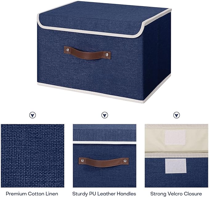 ANMINY 4PCS Storage Bins with Lid PU Leather Handles Storage Boxes PP Plastic Board Decorative Foldable Lidded Cotton Linen Fabric Home Cubes Baskets Closet Organizer Containers - Blue, Large Size