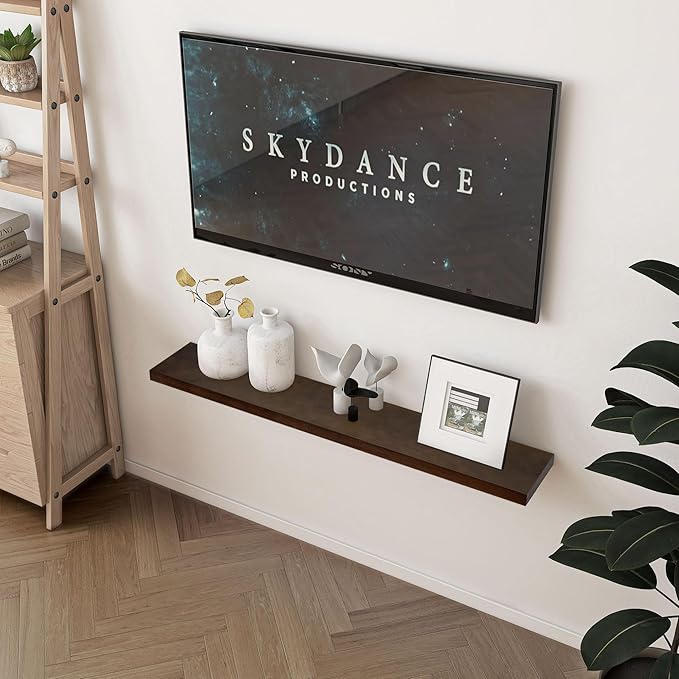 48 Inch Fireplace Mantel - 8 Inch Deep Rustic Premium Solid Pine Wood Floating Shelf - Farmhouse Wall Mounted Display Shelf - Heavy-Duty Metal Bracket - 48"W x 8"D - Set of 1 - American Walnut Color