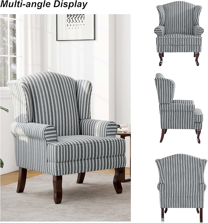 Accent Chair, High Back Upholstered Armchair with High Resilience Sponge & Wood Legs, Mid-Century Modern Comfy Single Sofa Reading Chairs for Living Room, Bedroom (Stripe Grey, Set of 1)
