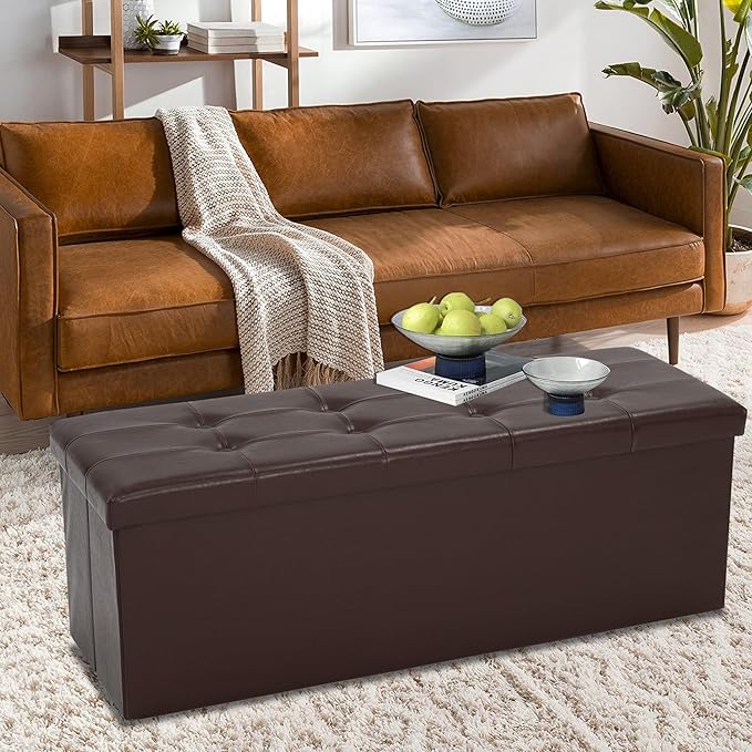 43 Inches Folding Storage Ottoman Bench, PU Leather Storage Chest, Footrest Padded Seat for Bedroom and Hallway, Holds up to 660 lbs, Brown