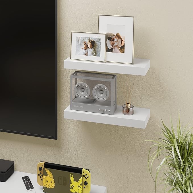 BAMEOS Floating Shelves, White Wall Mounted Wooden Shelves with Invisible Brackets Set of 2, Hanging Wall Shelves Decoration for Bedroom, Bathroom, Living Room and Kitchen