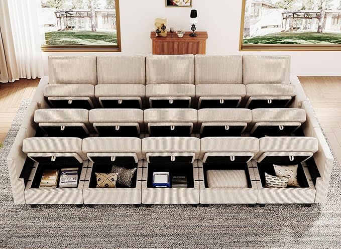 Belffin Large 15 Seat Modular Sectional Sofa with Storage Seat Corduroy Sleeper Sectional Sofa Bed Oversized Convertible Modular Couch for Living Room Beige