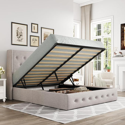 Allewie Queen Size Lift Up Storage Bed, Button Tufted Headboard with Wingback, Hydraulic Support, No Box Spring Needed, Light Beige