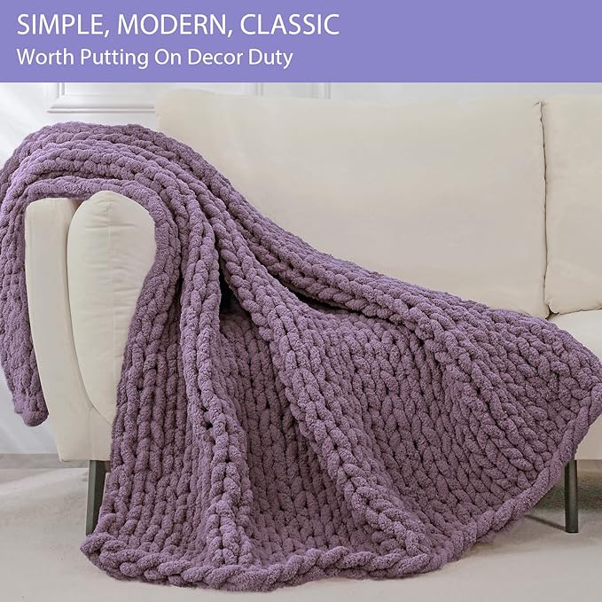 Bigacogo Chunky Knit Throw Blanket for Couch, 40x80 inches, 100% Hand Knitted with Thick Jumbo Chenille Yarn, Cozy Soft Large Rope Knot Cable Crochet Blankets for Sofa Bed Living Room, Winter Grape