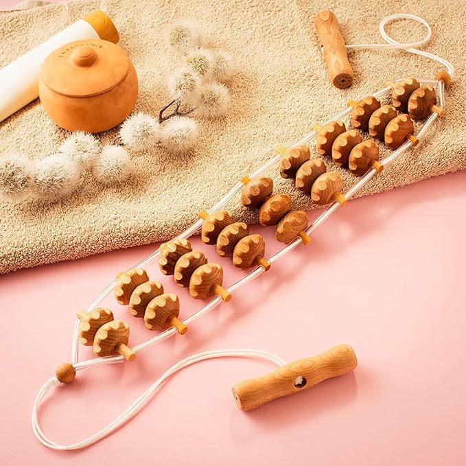 2 Pcs Wooden Sturdy Lymphatic Drainage Roller & Back Massager with Ropes, Maderotherapy, Body Sculpting- Recommended by Professionals (Roller & Massager)