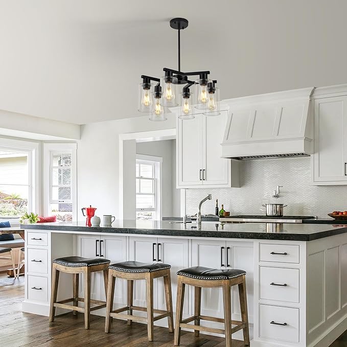 6-Light Black Modern Farmhouse Chandelier for Dining Room Ceiling Light Fixture with Clear Glass Shades, Adjustable Hanging Industrial Pendant Lighting for Living Room Kitchen Island Bedroom Entryway