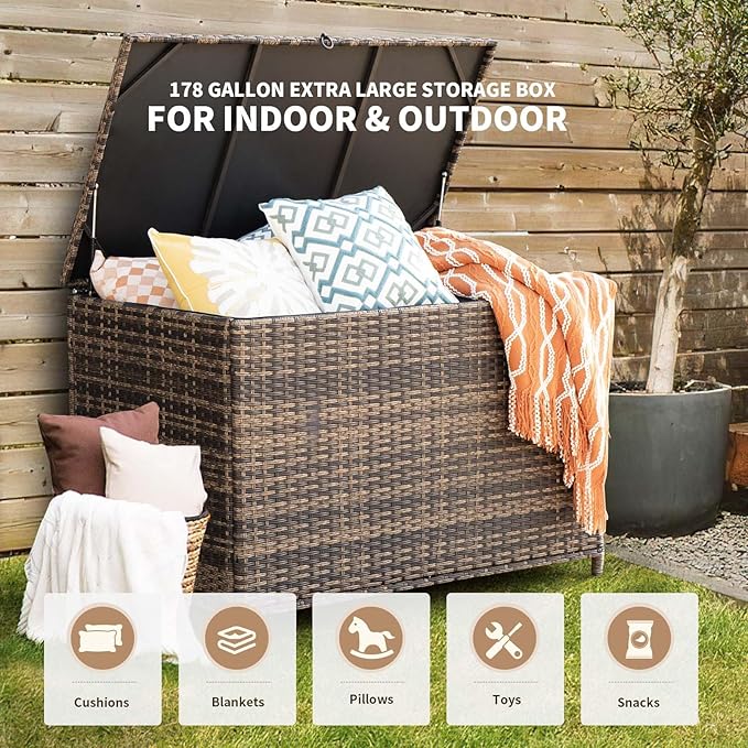 178 Gallon Outdoor Storage Box, Handle Large Portable Wicker Rattan Deck Box for Patio Furniture Cushions, Patio Deck Box with 2 WheelsThrow Pillows, Garden Tools and Pool Floats (Brown)