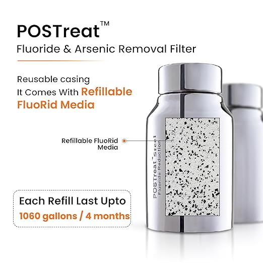 3.25 Gallons NSF Certified AISI 304 Stainless Steel Water Filter with 2 Smart Carbon (Black) Filters, 2 POSTreat Steel Fluoride Removal Elements & Free Stainless Steel Spigot