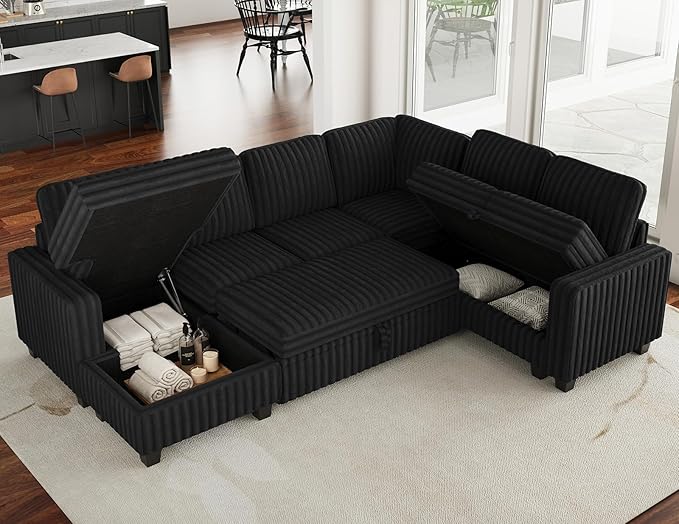 Belffin Corduroy Sleeper Sofa Bed with Storage Chaise Modular Sectional Sofa Couch with Pull Out Bed L Shaped Sectional Couches for Living Room Black Couch