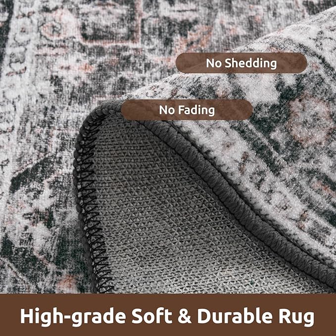 AMOAMI-2X10 Runner Rug-Washable Runners for Hallways-Soft Non Slip Bedside Rugs for Bedroom-Vintage Long Rug for Hallways Entryway Laundry Room Stair Kitchen Bathroom Dark Grey & Black