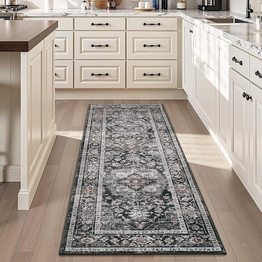 AMOAMI-2X6 Runner Rug-Washable Runners for Hallways-Soft Non Slip Bedside Rugs for Bedroom-Vintage Long Rug for Hallways Entryway Laundry Room Stair Kitchen Bathroom Dark Grey & Black
