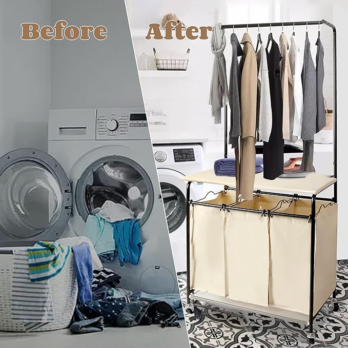 MYOYAY 3 Section Laundry Sorter with Garment Hanging Bar Rack Foldable Ironing Board, Laundry Basket Organizer Heavy Duty Laundry Hamper Rolling Cart with Lockable Wheels and 3 Removable Bags