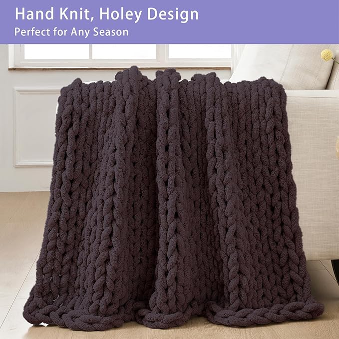 Bigacogo Chunky Knit Throw Blanket for Couch, 51x63 inches, 100% Hand Knitted with Thick Jumbo Chenille Yarn, Cozy Soft Large Rope Knot Cable Crochet Blankets for Sofa Bed Living Room, Chocolate