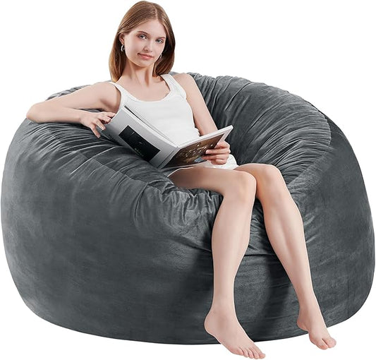 Bean Bag Chairs for Adults - Memory Foam Furniture BeanBag Chair - Kids/Teens Sofa with Soft Micro Fiber Cover - Round Fluffy Couch for Living Room Bedroom College Dorm - 5 ft, Grey