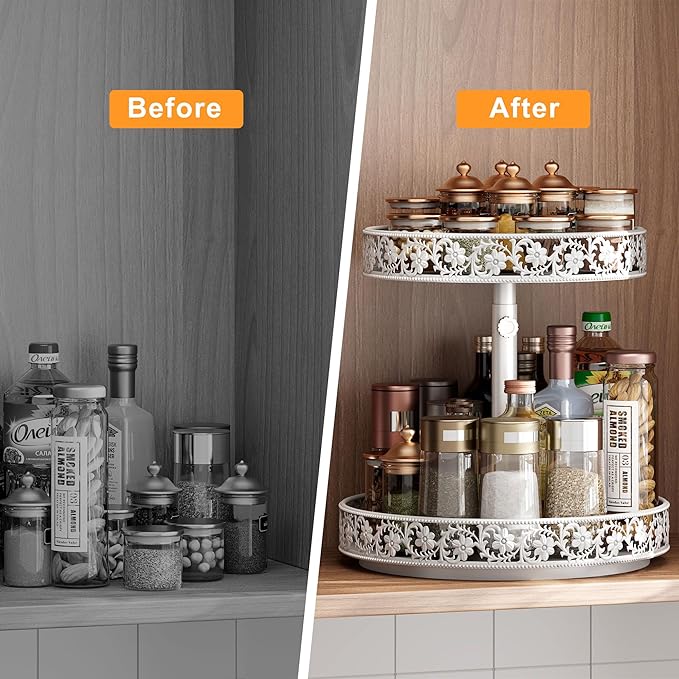 2 Tier Lazy Susan Organizer Turntable Adjustable,12 Inch Two Tier Lazy Susan Metal Easy Assembly Cleaning, Rotating Spice Rack Organizer for Cabinet Dining Table Kitchen Countertop White
