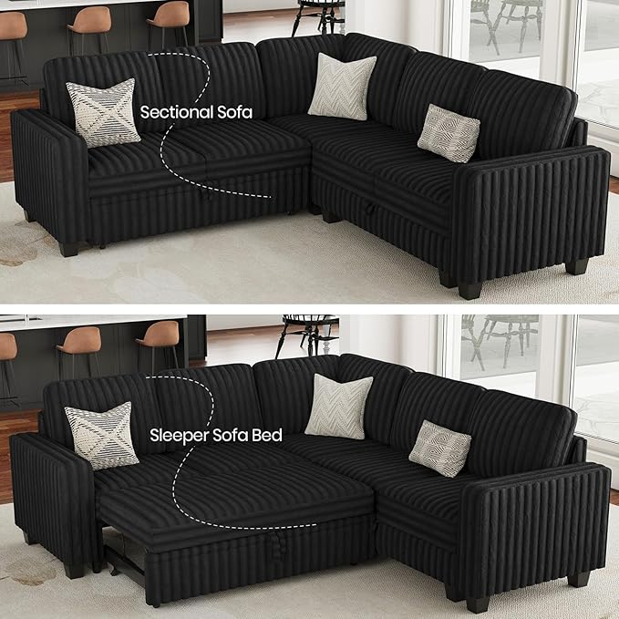 Belffin Plush Corduroy Modular Sectional Sofa with Pull Out Bed Convertible Small Sectional Corner Couch for Living Room Black Couch