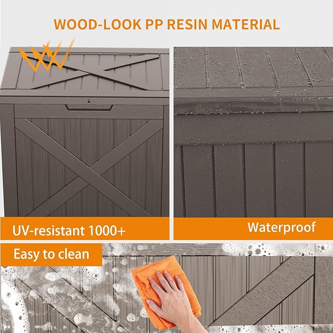 32 Gallon Deck Box Large Outdoor Storage for Patio Furniture,Outdoor Cushions,Garden Tools and Pool Supplies,Waterproof,Resin,Lockable(Grey)